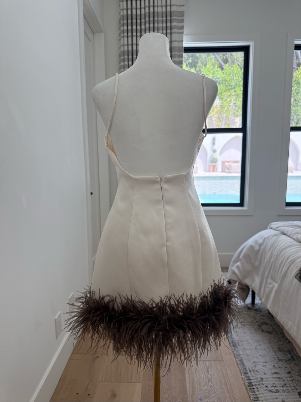 Zara Viral Feather Trim Mini Dress Ivory Brown Size S NWT - Picture 4 of 9
